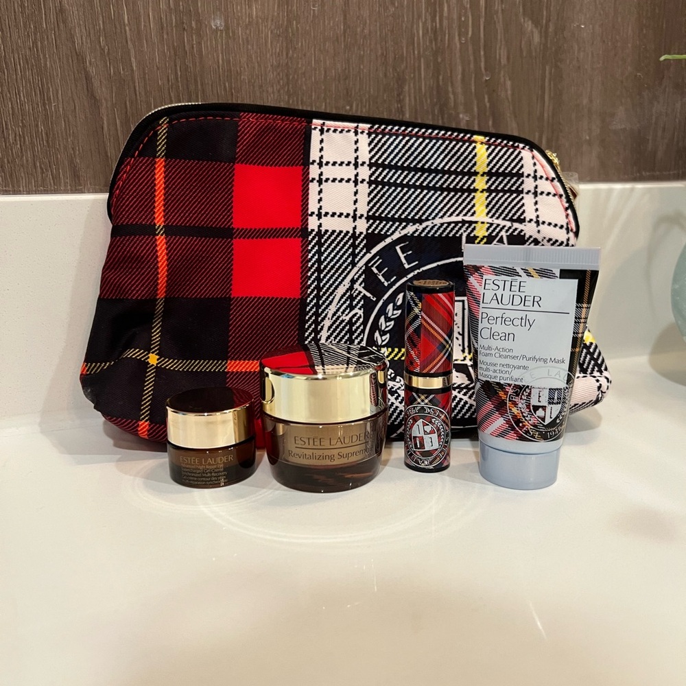 Estee Lauder Skincare Set with Red and Black Plaid Makeup Bag